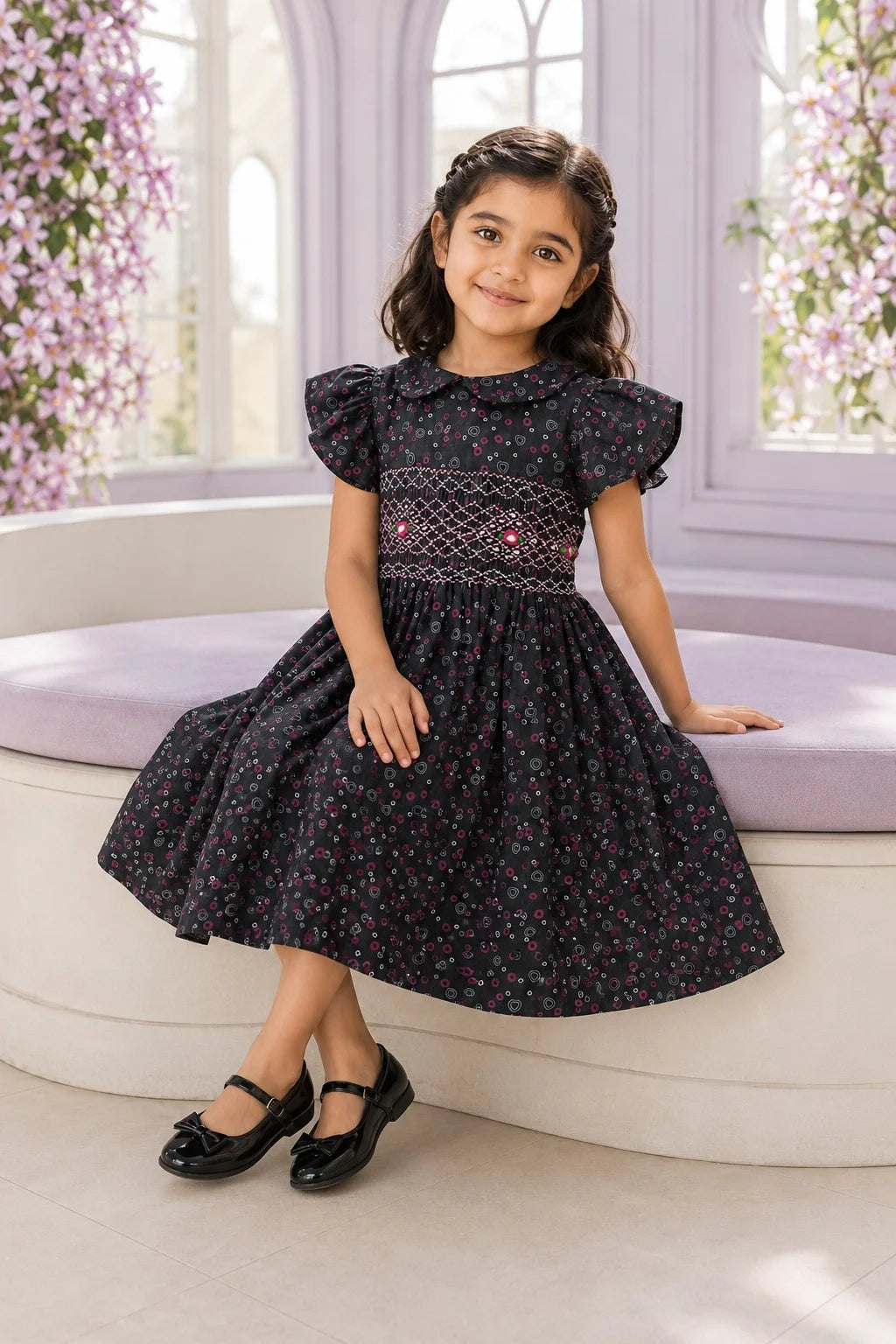 Black Printed Smocked Winter Frock for Girls (SFW-002)