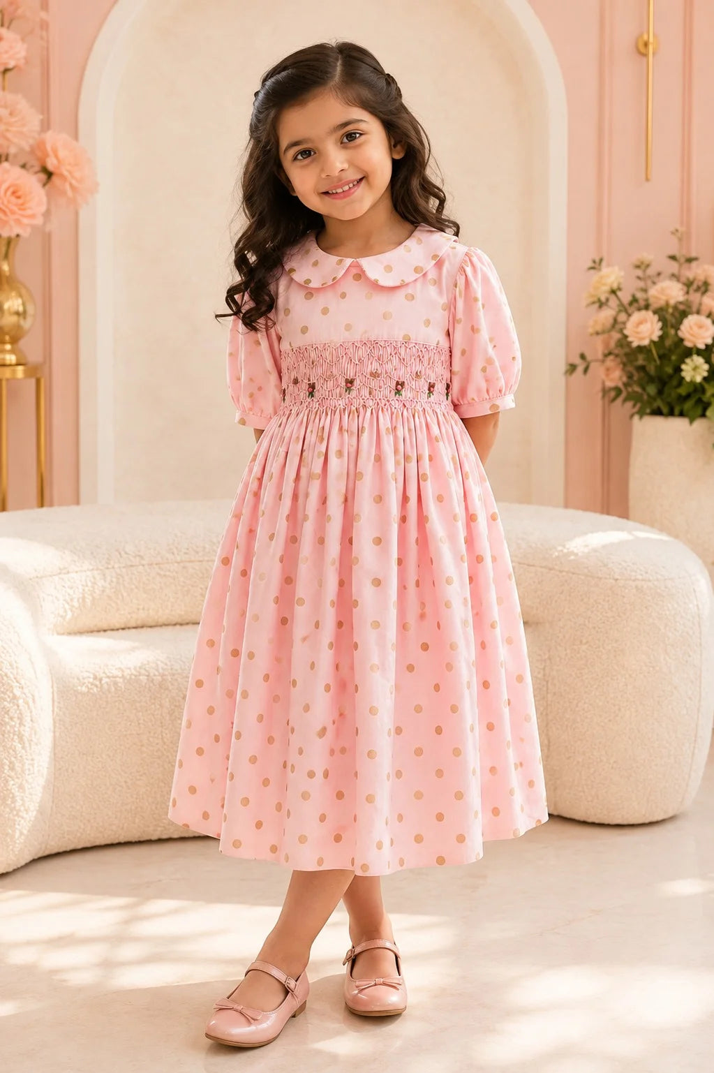 Pink Polka Dot Smocked Frock for Girls (SFW-003)