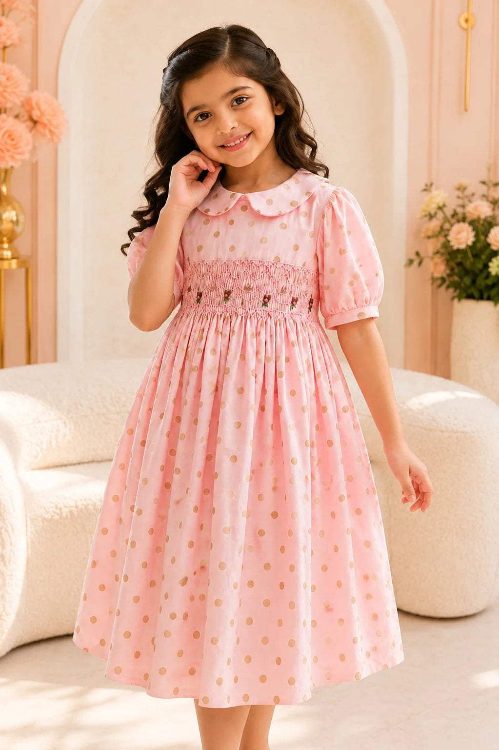 Pink Polka Dot Smocked Frock for Girls (SFW-003)
