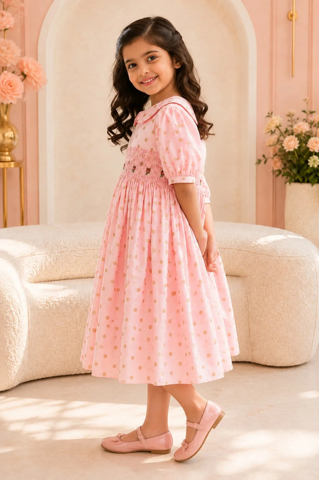 Pink Polka Dot Smocked Frock for Girls (SFW-003)
