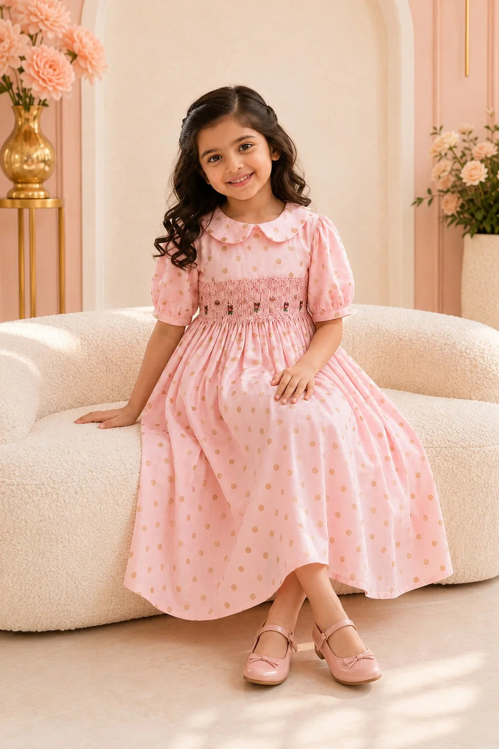 Pink Polka Dot Smocked Frock for Girls (SFW-003)