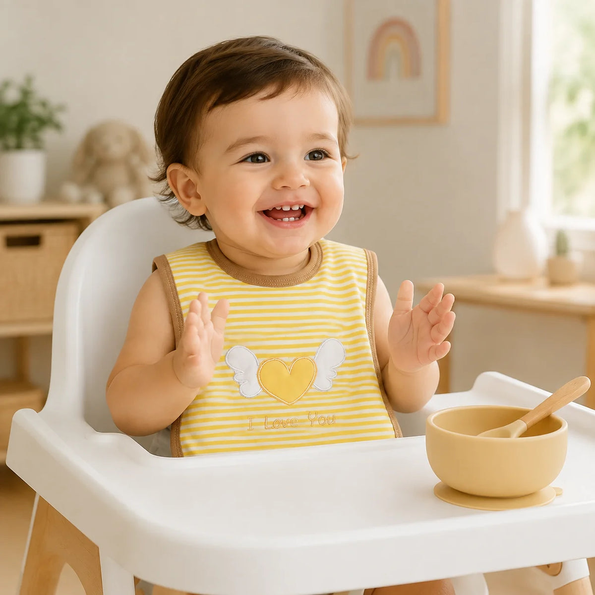 Yellow & White Striped Heart Baby Bib