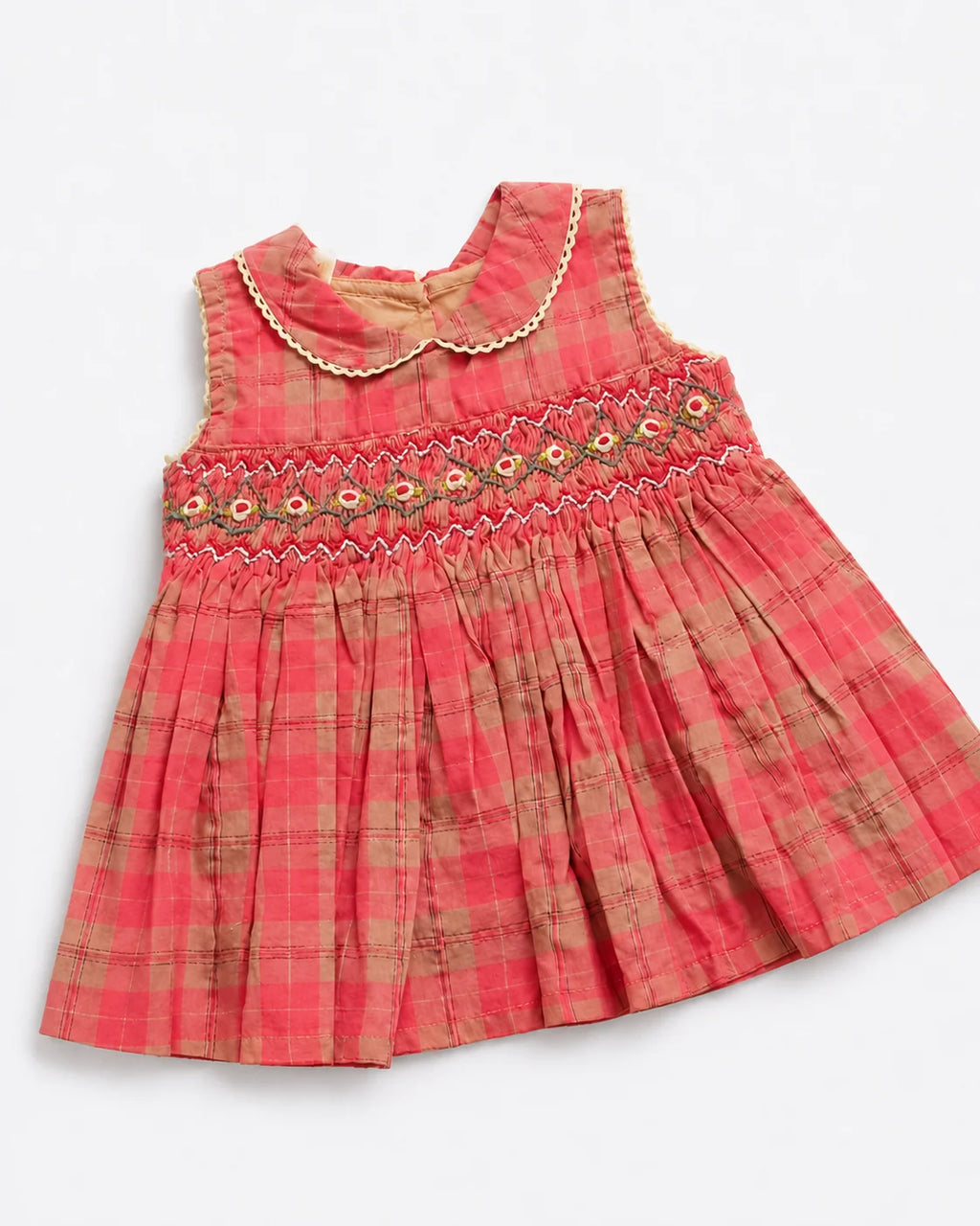 Coral Pink Checked Smocked Frock for Baby Girls