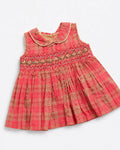 Coral Pink Checked Smocked Frock for Baby Girls