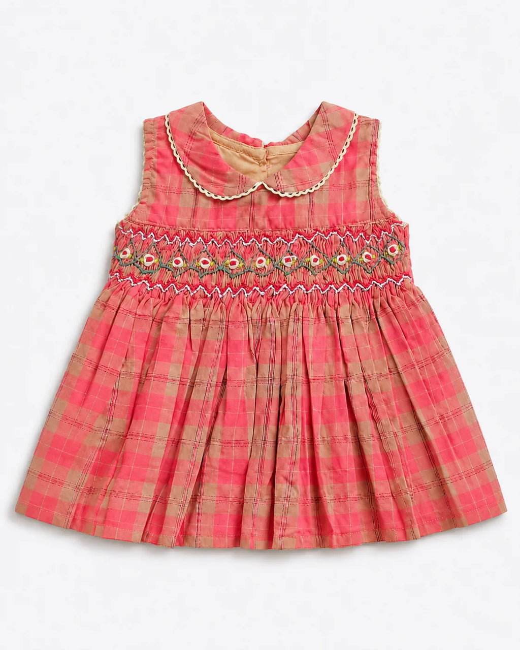 Coral Pink Checked Smocked Frock for Baby Girls