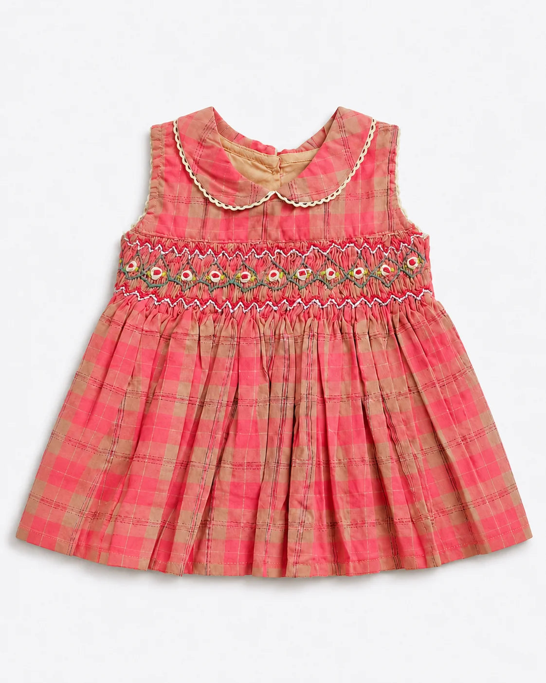Coral Pink Checked Smocked Frock for Baby Girls