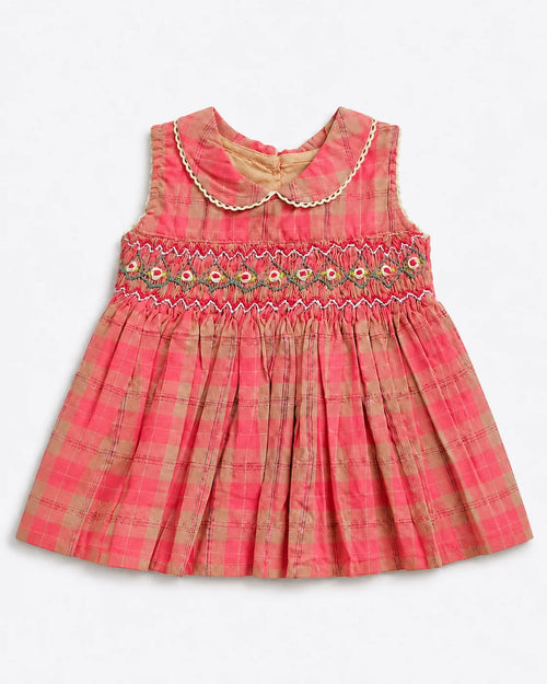 Coral Pink Checked Smocked Frock for Baby Girls