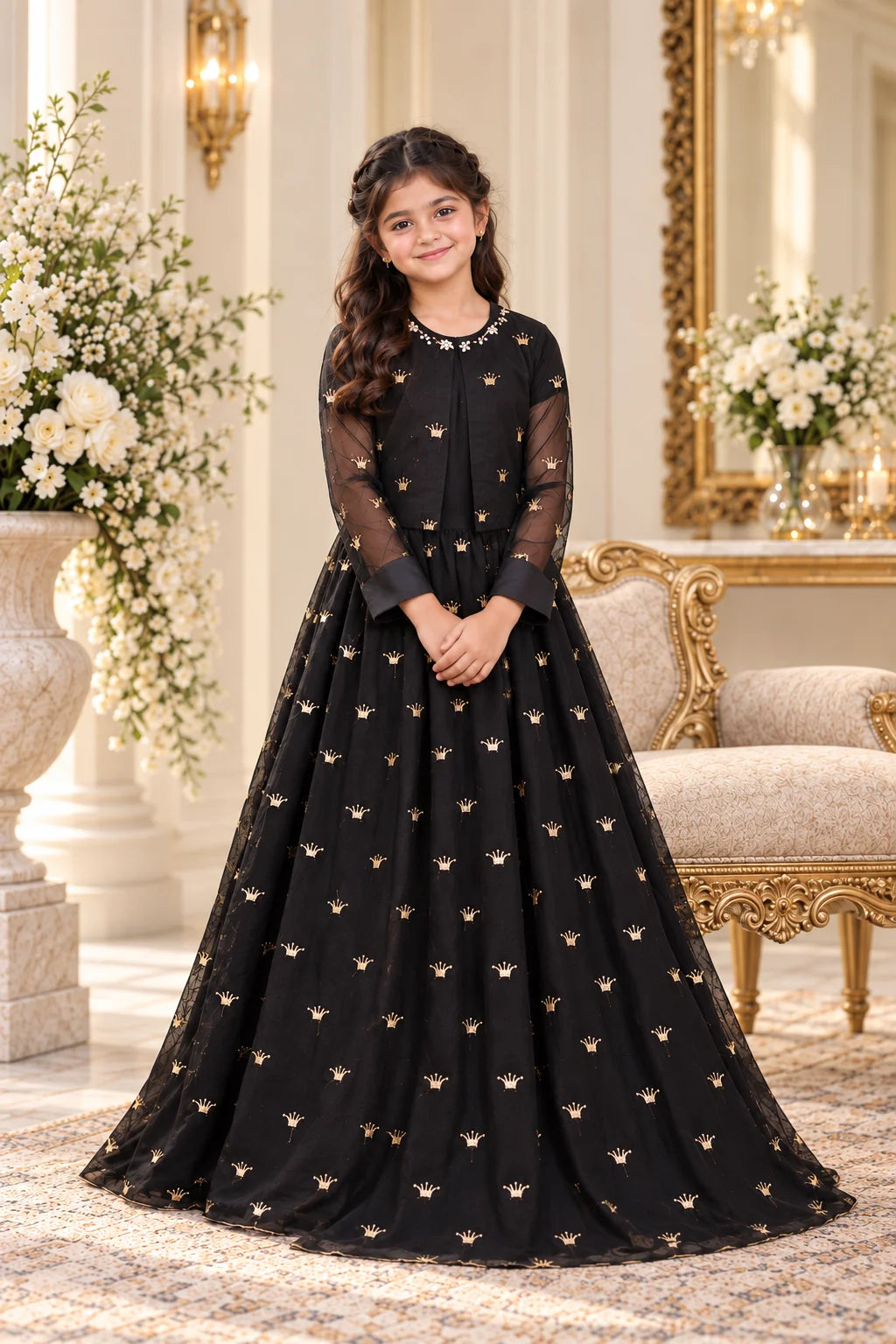 Black & Gold Crown Embroidered Custom Gown