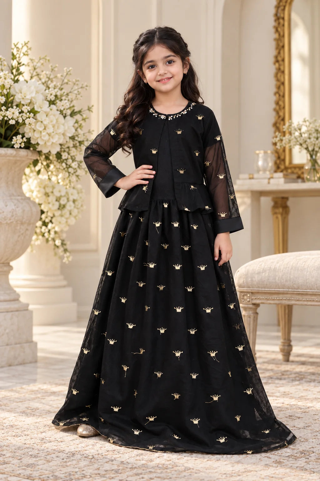 Black & Gold Crown Embroidered Custom Gown