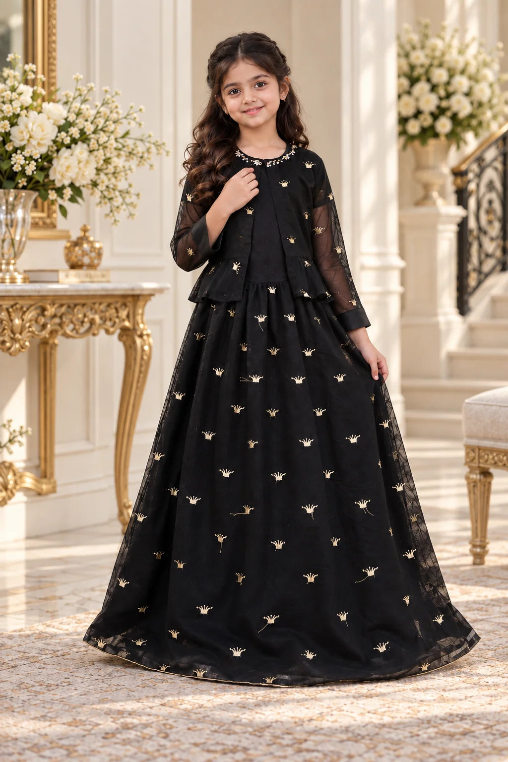 Black & Gold Crown Embroidered Custom Gown