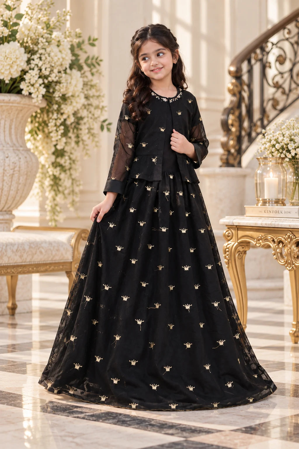 Black & Gold Crown Embroidered Custom Gown