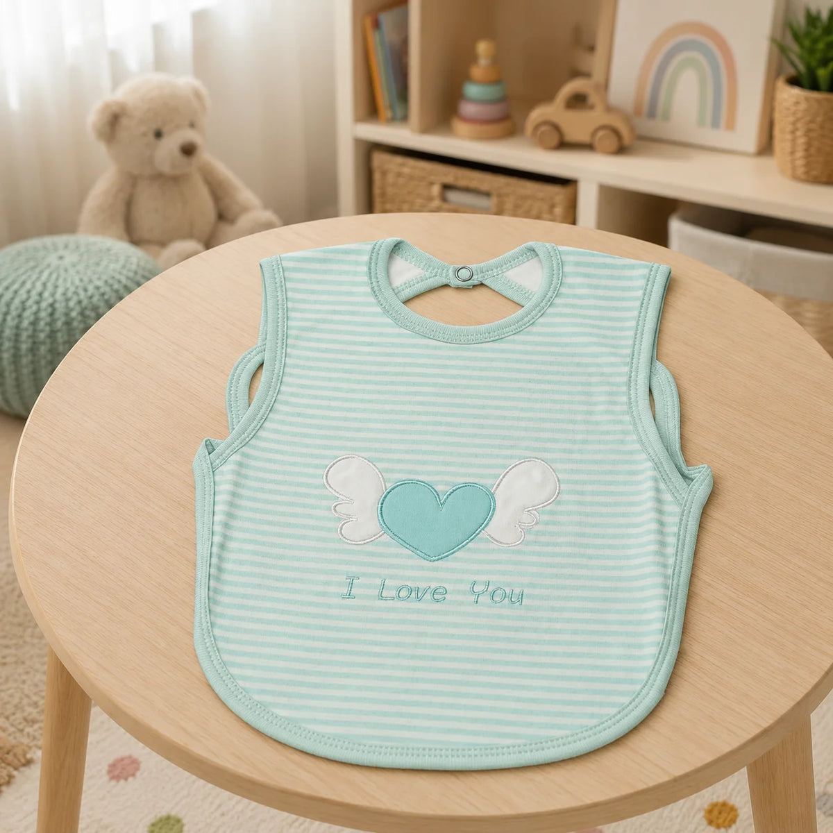 Mint Green Striped Heart Baby Bib