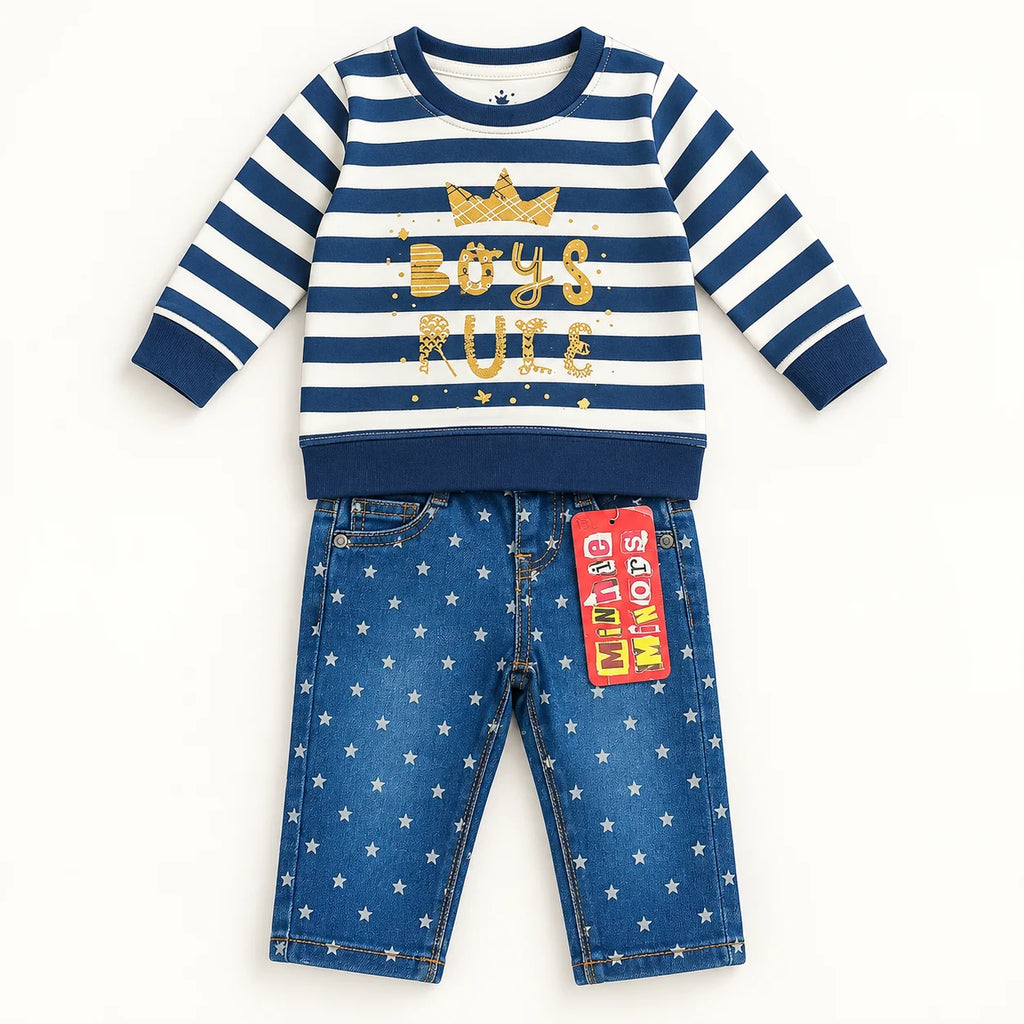 Minnie Minors Striped Baby Top & Star-Print Jeans Set
