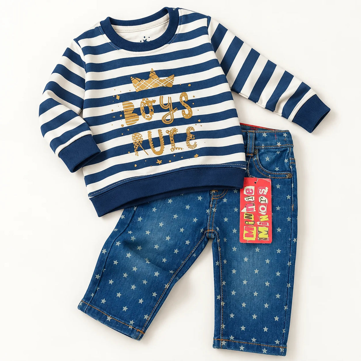 Minnie Minors Striped Baby Top & Star-Print Jeans Set