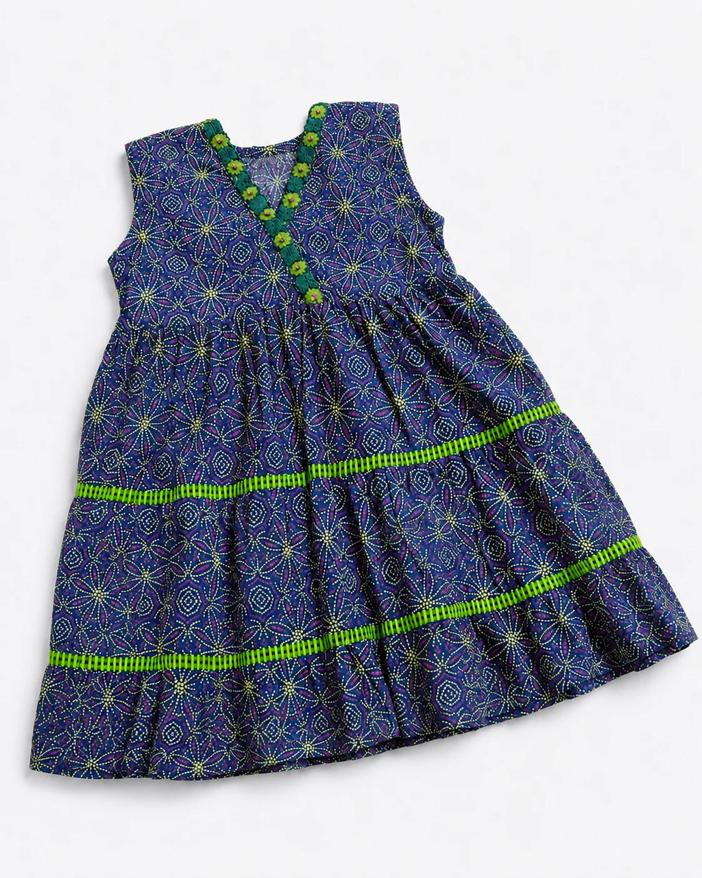 Navy Blue Printed Tiered Long Summer Frock for Girls