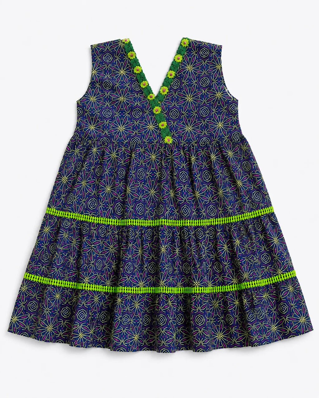 Navy Blue Printed Tiered Long Summer Frock for Girls