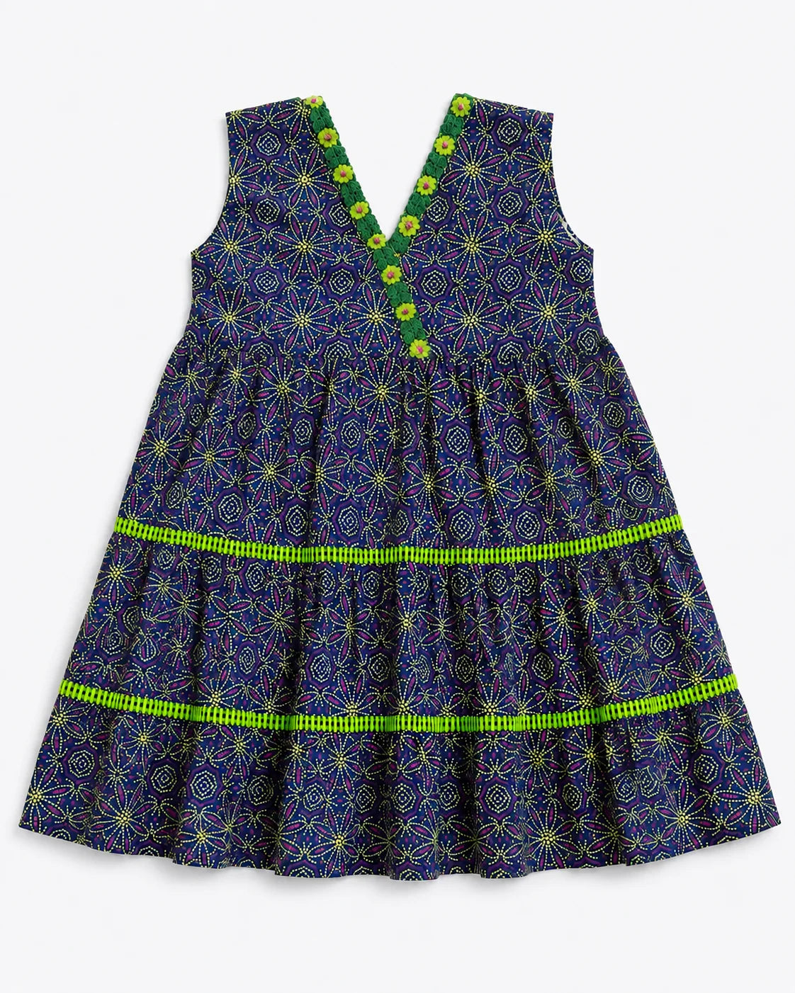 Navy Blue Printed Tiered Long Summer Frock for Girls