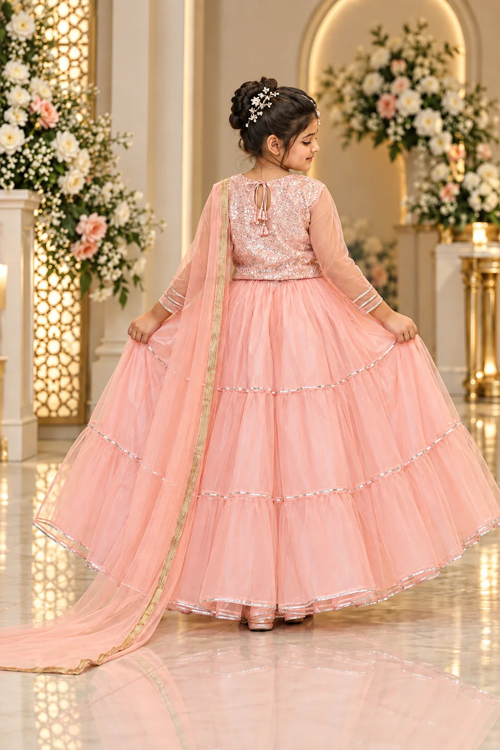 Customized Blush Peach Embellished Matching Lehenga Kurti