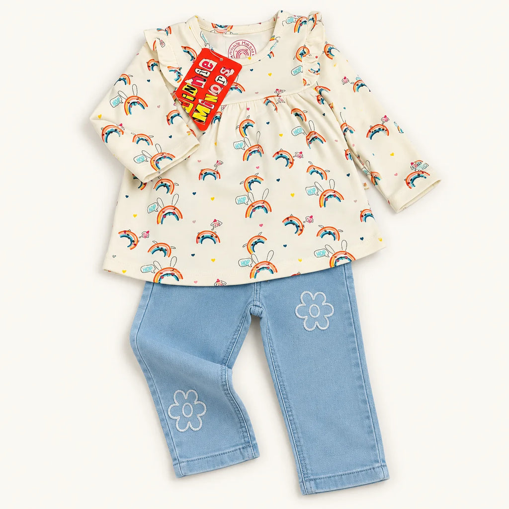 Rainbow Print Baby Outfit & Pink Hooded Onesie Set