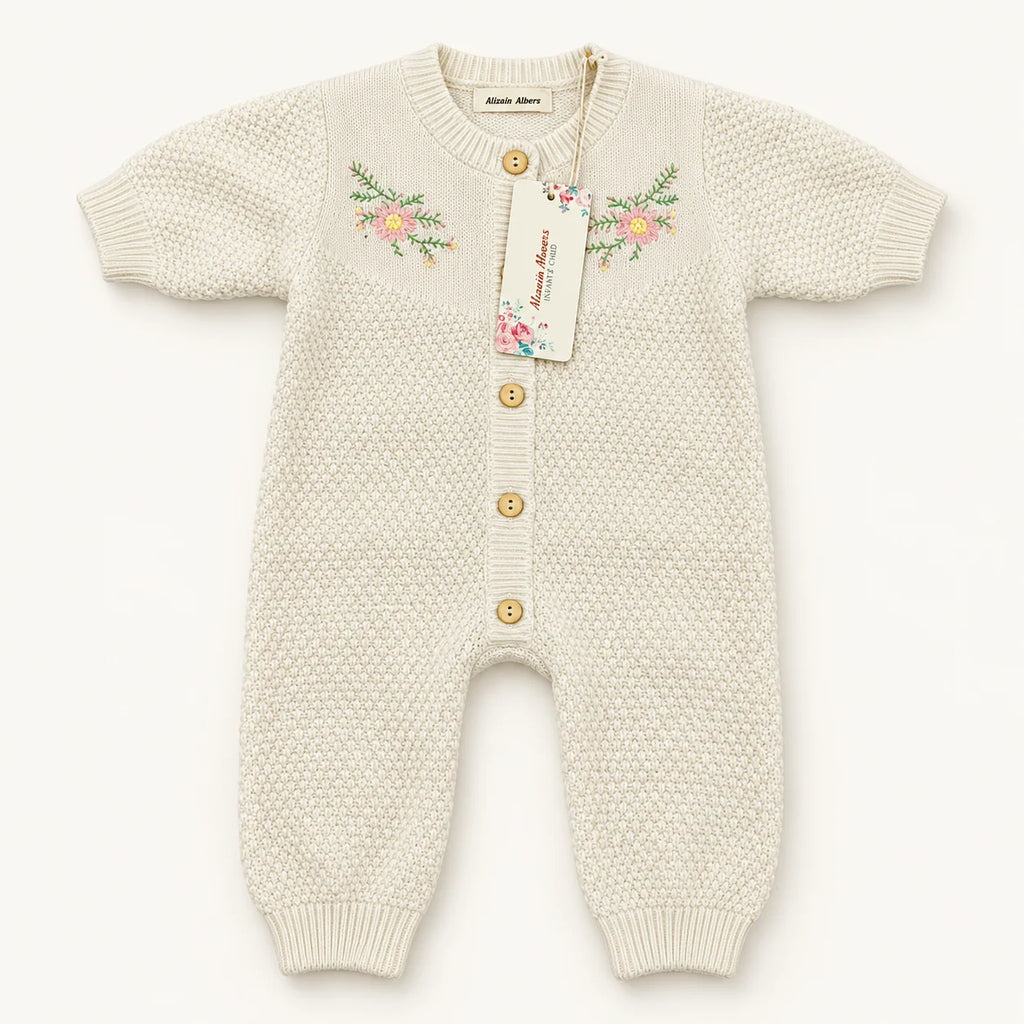 Minnie Minors Floral Embroidered Knitted Baby Romper