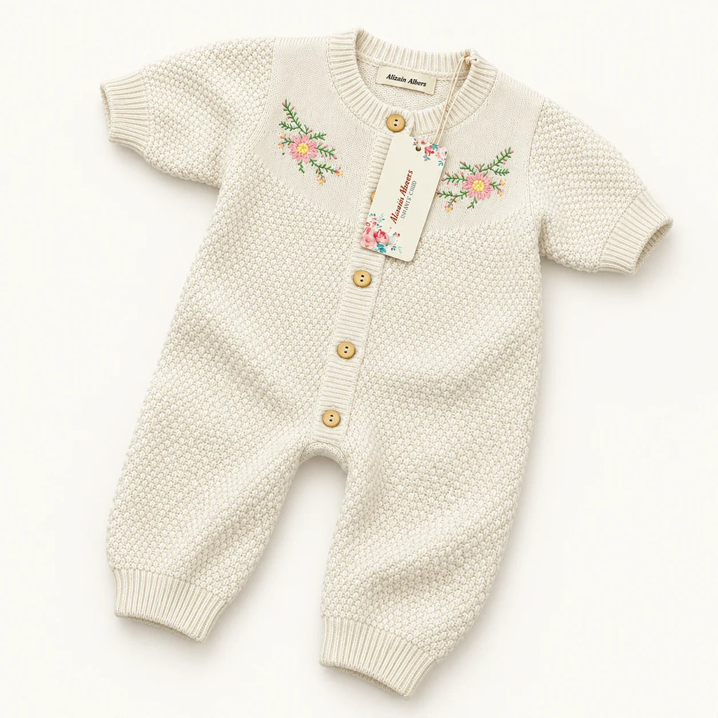 Minnie Minors Floral Embroidered Knitted Baby Romper