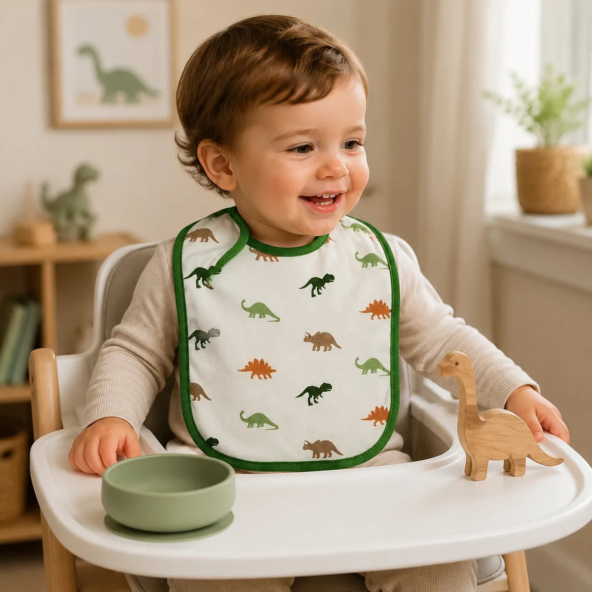 White Dinosaur Print Baby Bib