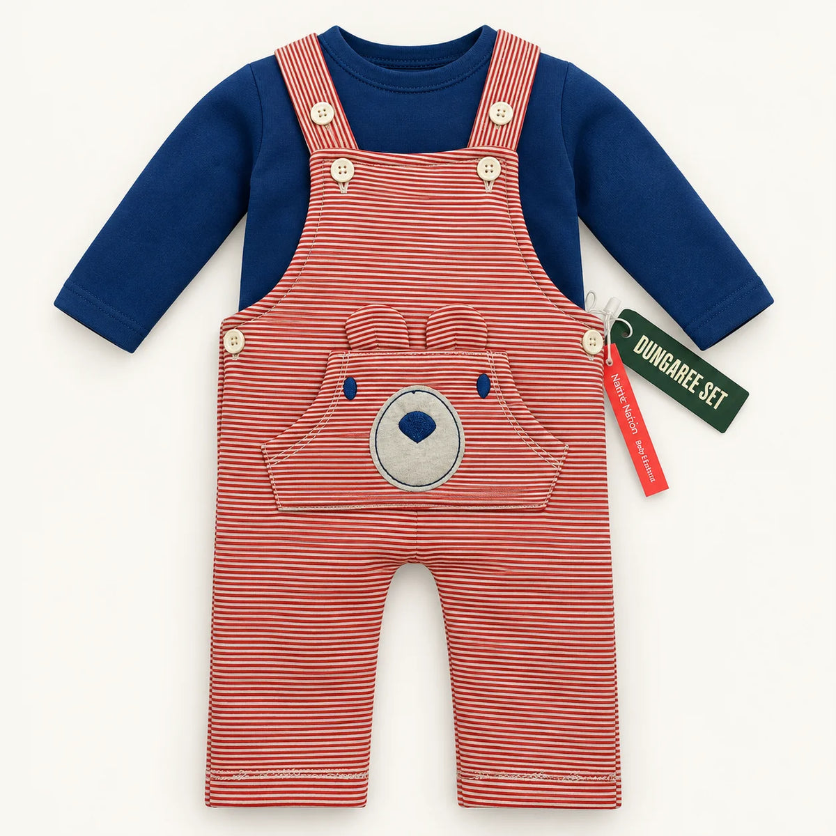 Minnie Minors Bear Face Striped Dungaree & Top Set