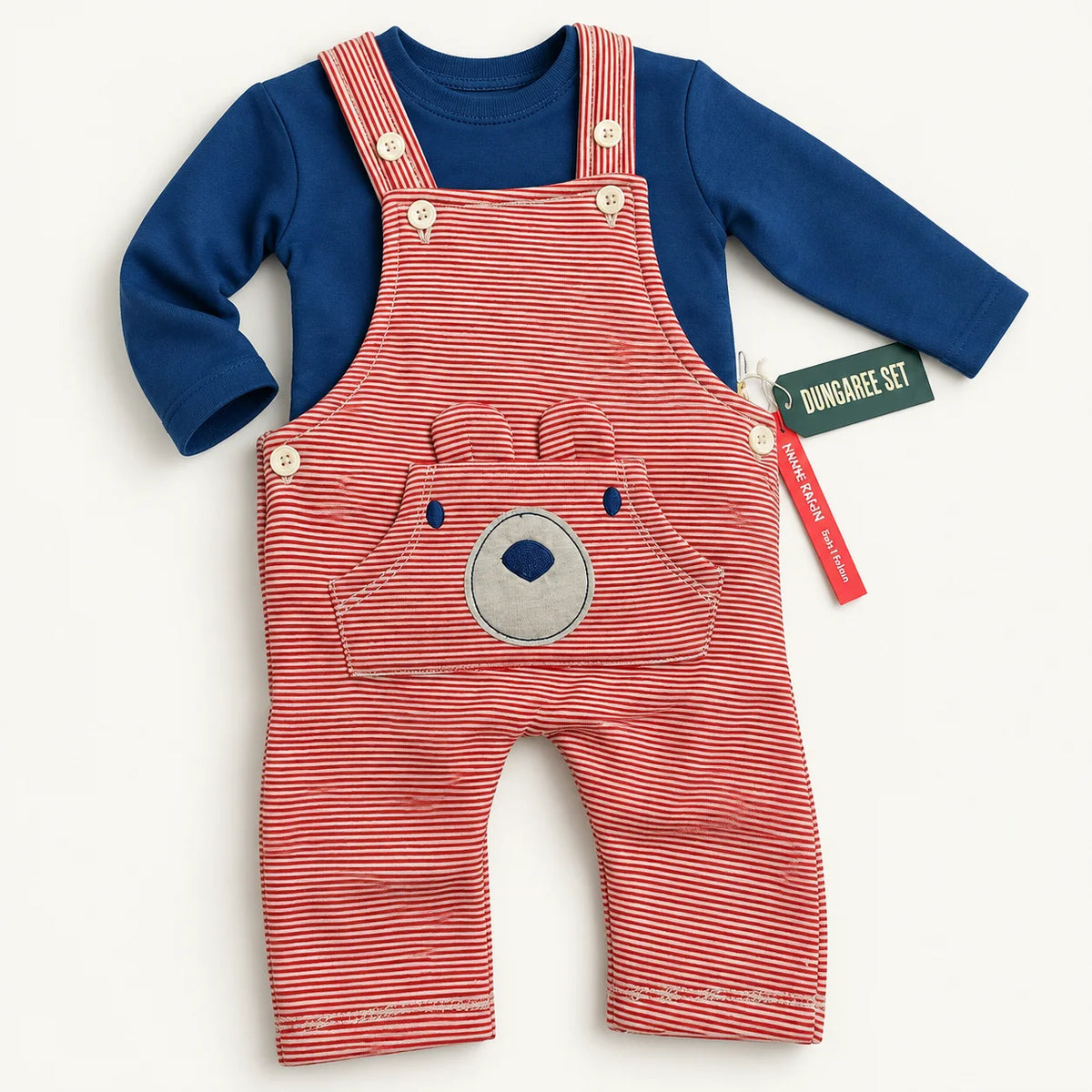 Minnie Minors Bear Face Striped Dungaree & Top Set