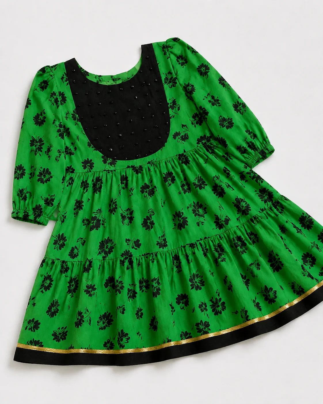 Green Floral Cambric Tiered Frock for Girls