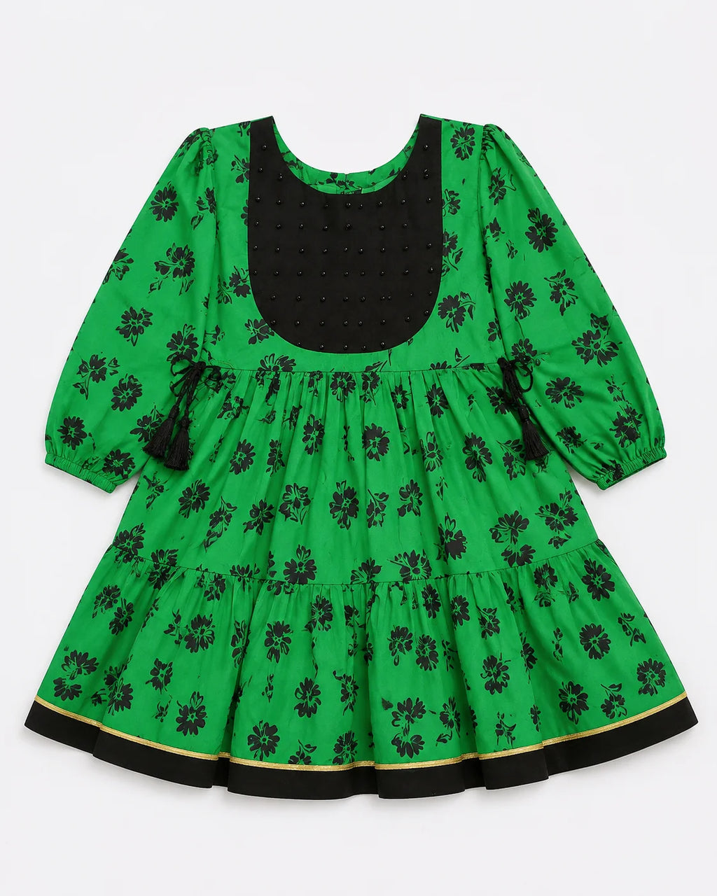 Green Floral Cambric Tiered Frock for Girls
