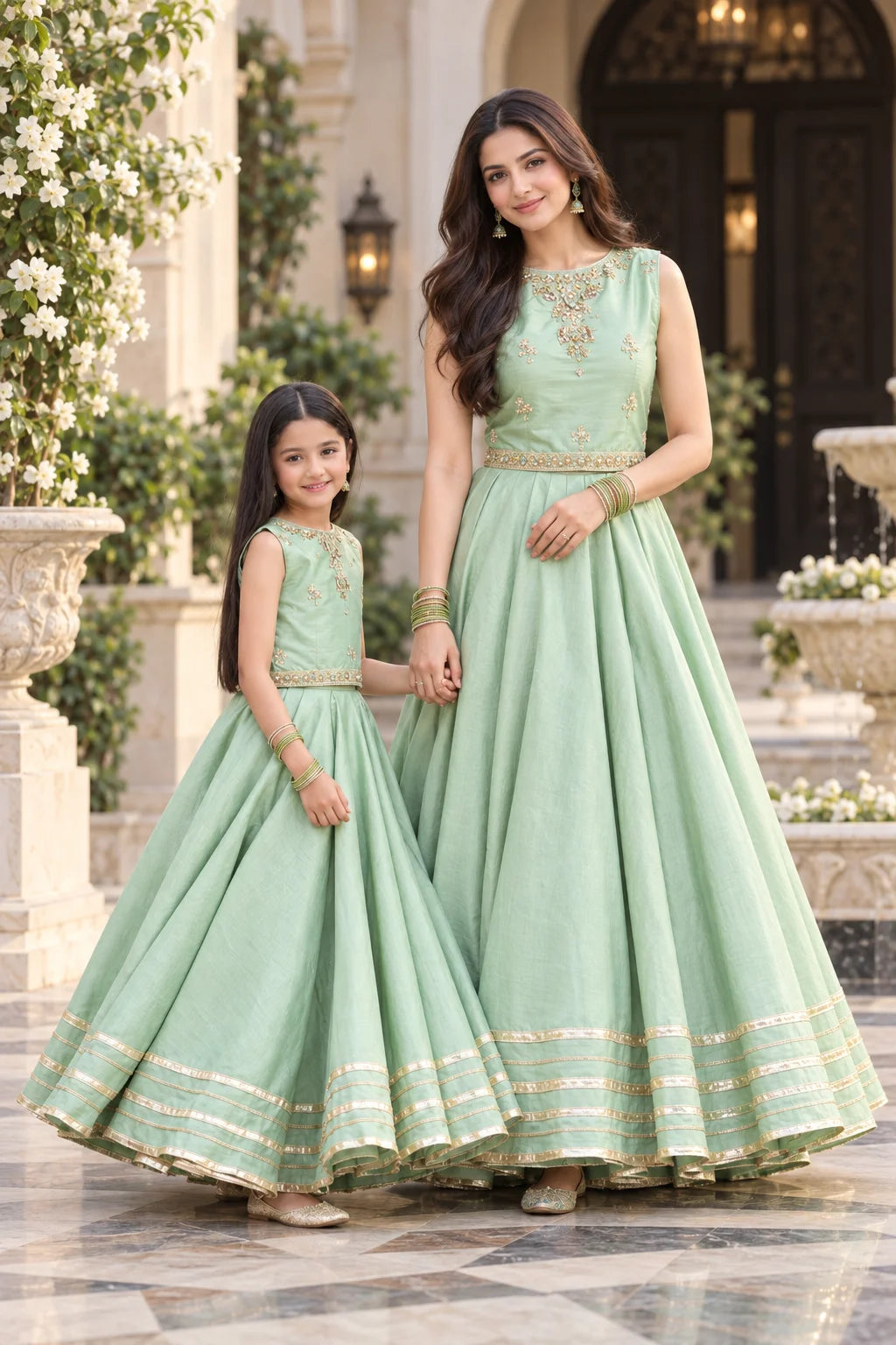 Customized Mint Green Embroidered Matching Lehenga Kurti