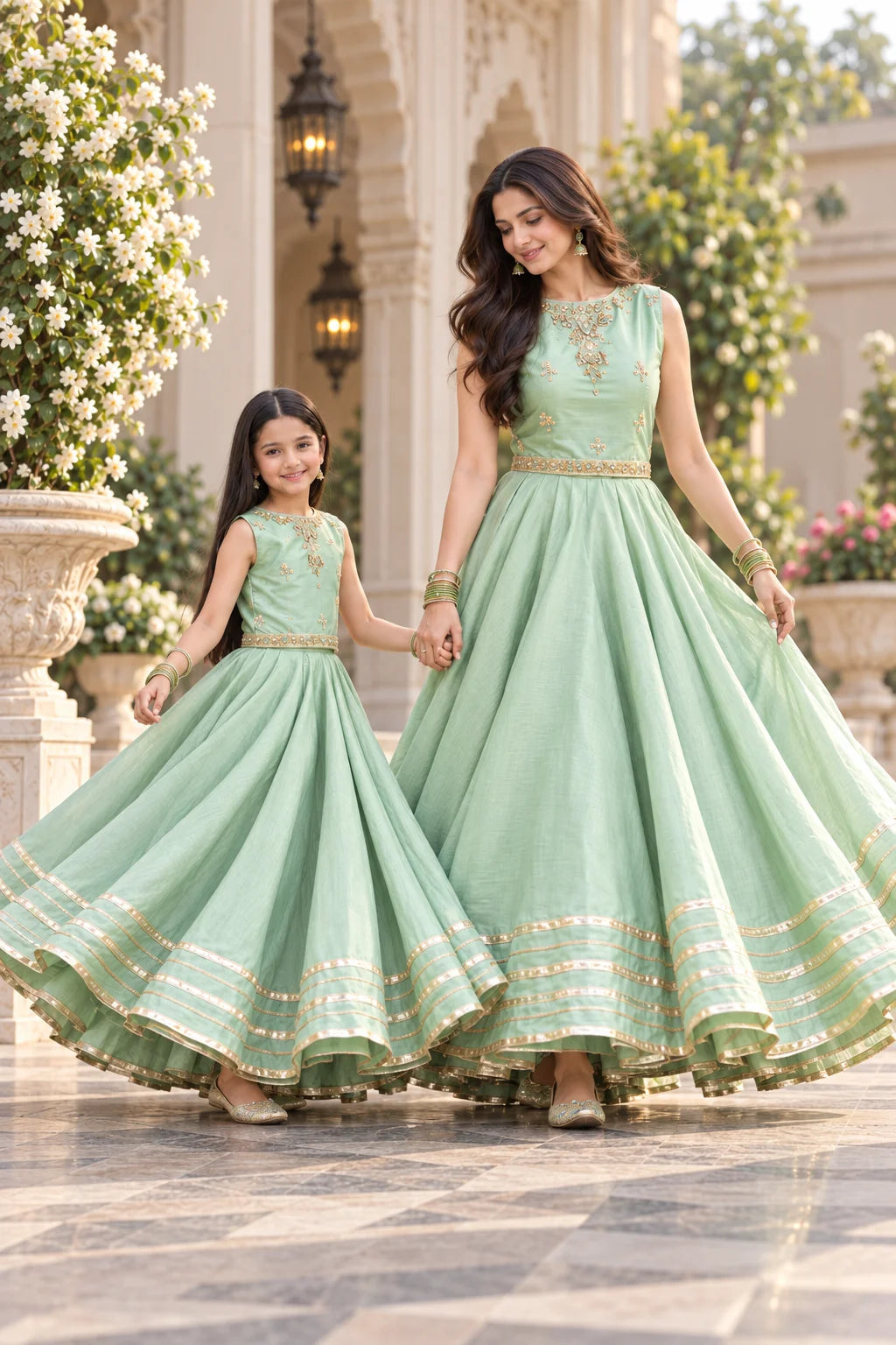 Customized Mint Green Embroidered Matching Lehenga Kurti