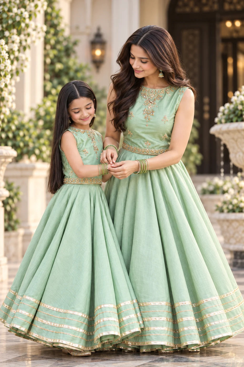 Customized Mint Green Embroidered Matching Lehenga Kurti