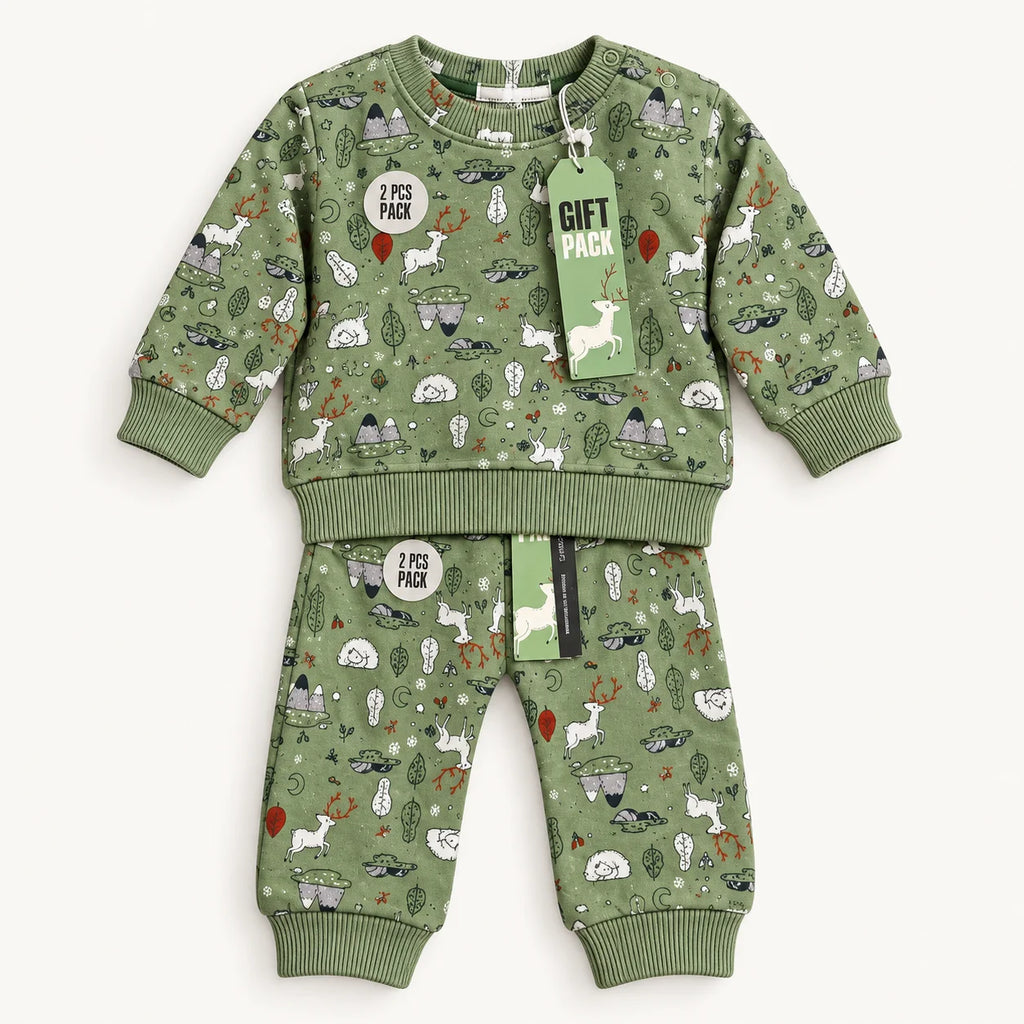 Minni Minors Sage Green Woodland Print Baby Set
