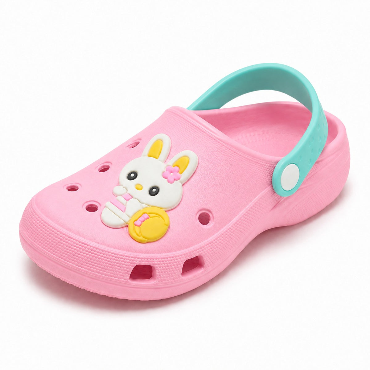 Kids pink bunny clogs with aqua back strap SH-001