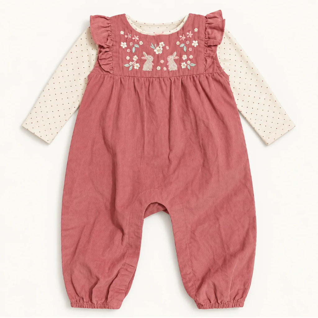 Dusty Pink Bunny Embroidered Baby Dungaree Outfit