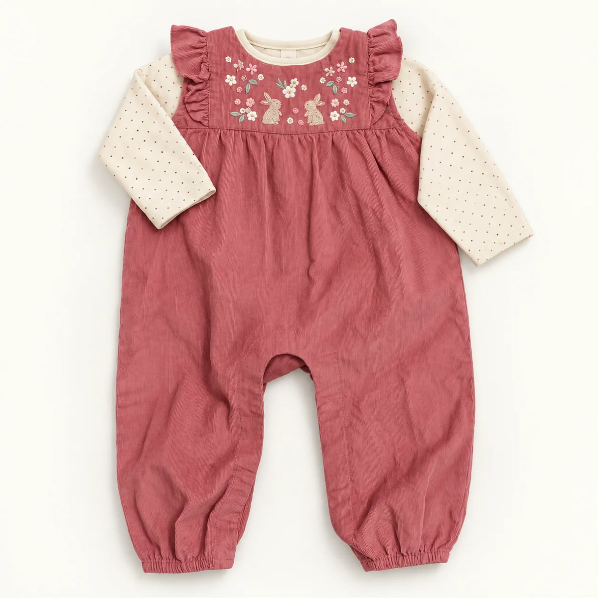 Dusty Pink Bunny Embroidered Baby Dungaree Outfit