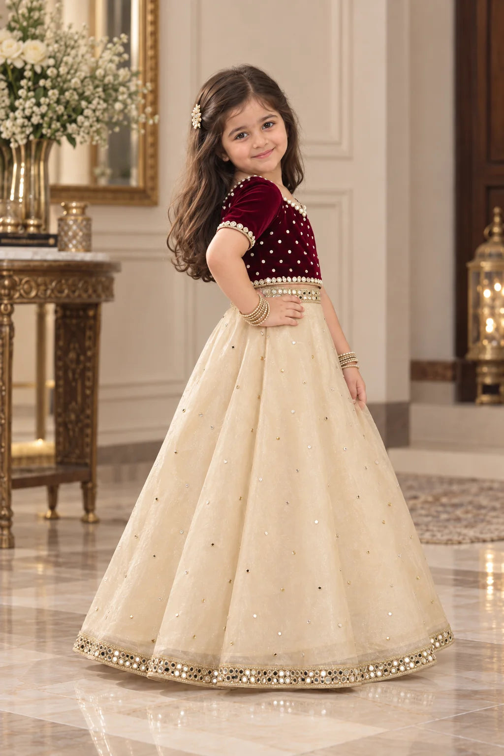 Customized Maroon Velvet & Ivory Embellished Matching Lehenga Kurti