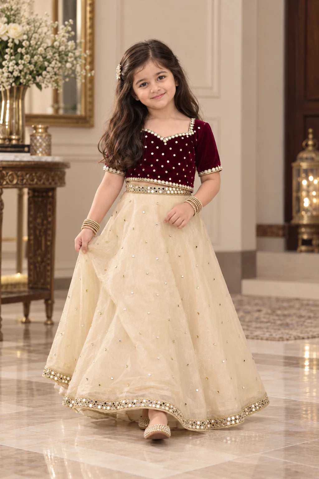 Customized Maroon Velvet & Ivory Embellished Matching Lehenga Kurti