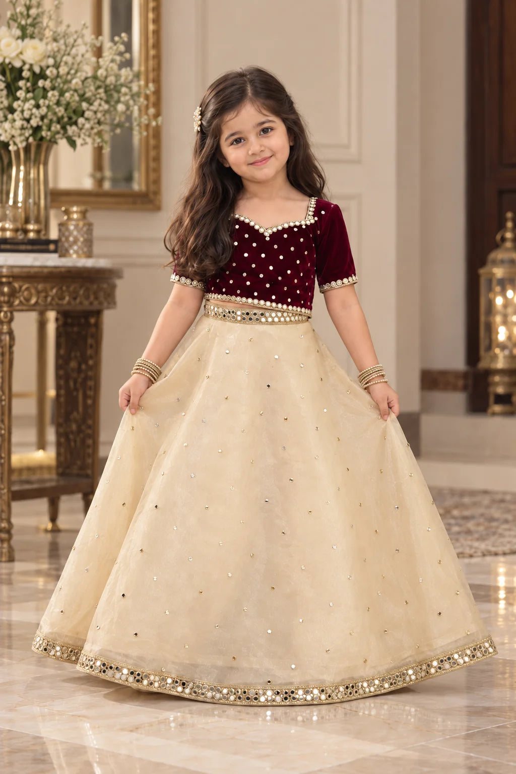 Customized Maroon Velvet & Ivory Embellished Matching Lehenga Kurti