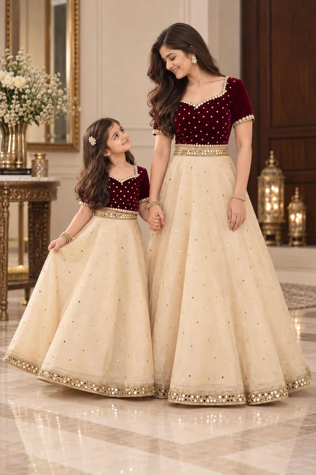 Customized Maroon Velvet & Ivory Embellished Matching Lehenga Kurti