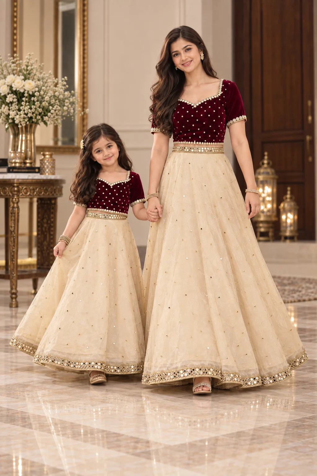 Customized Maroon Velvet & Ivory Embellished Matching Lehenga Kurti