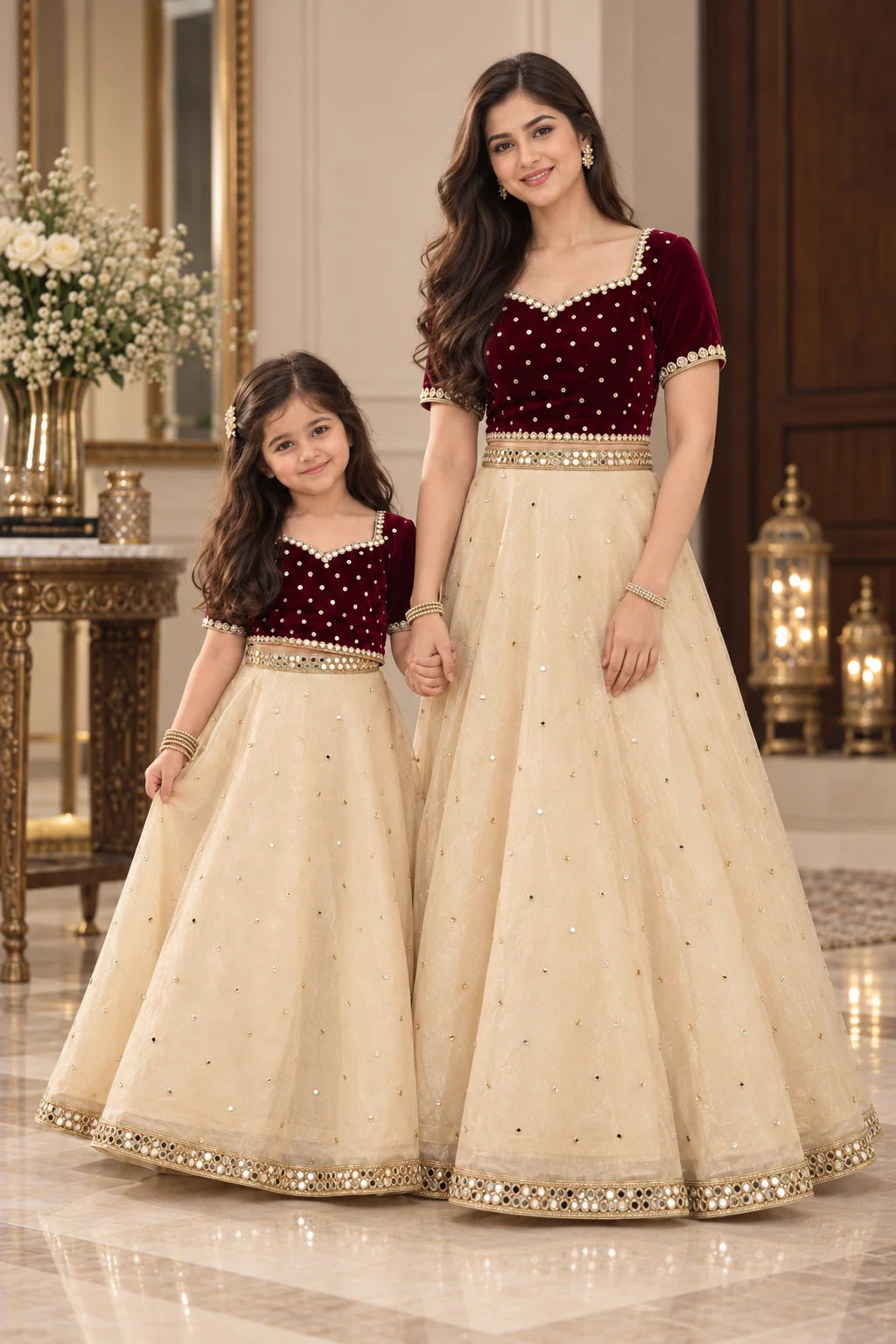 Customized Maroon Velvet & Ivory Embellished Matching Lehenga Kurti