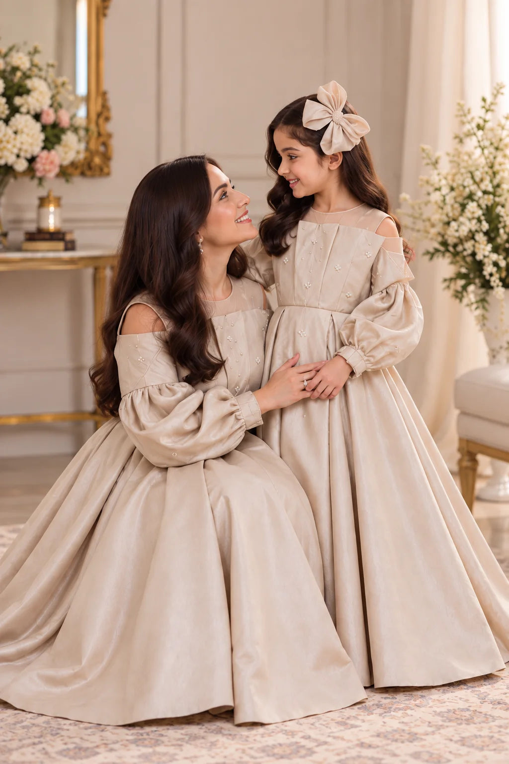 Customized Pearl Ivory Embellished Matching Long Maxi