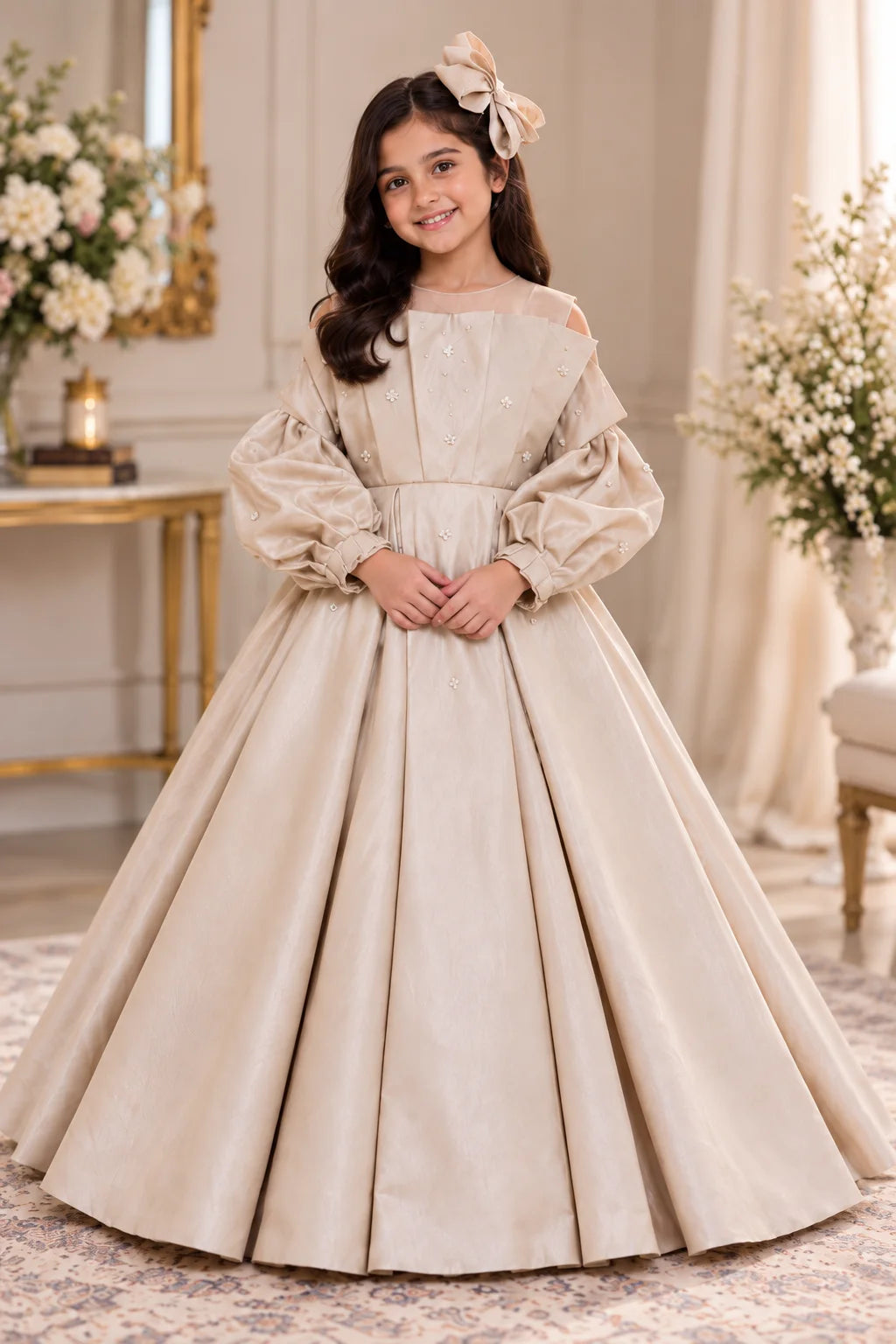 Customized Pearl Ivory Embellished Matching Long Maxi