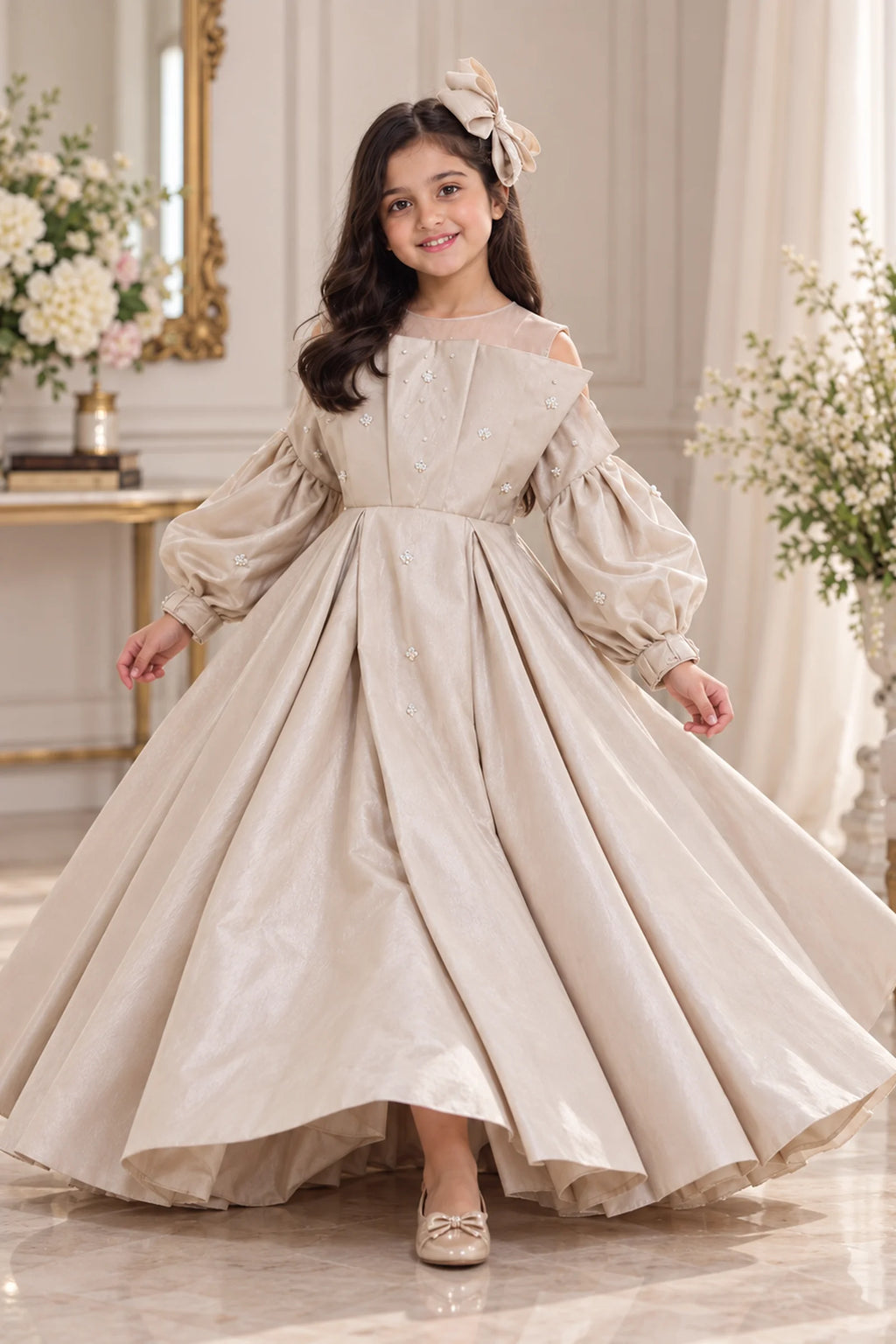 Customized Pearl Ivory Embellished Matching Long Maxi