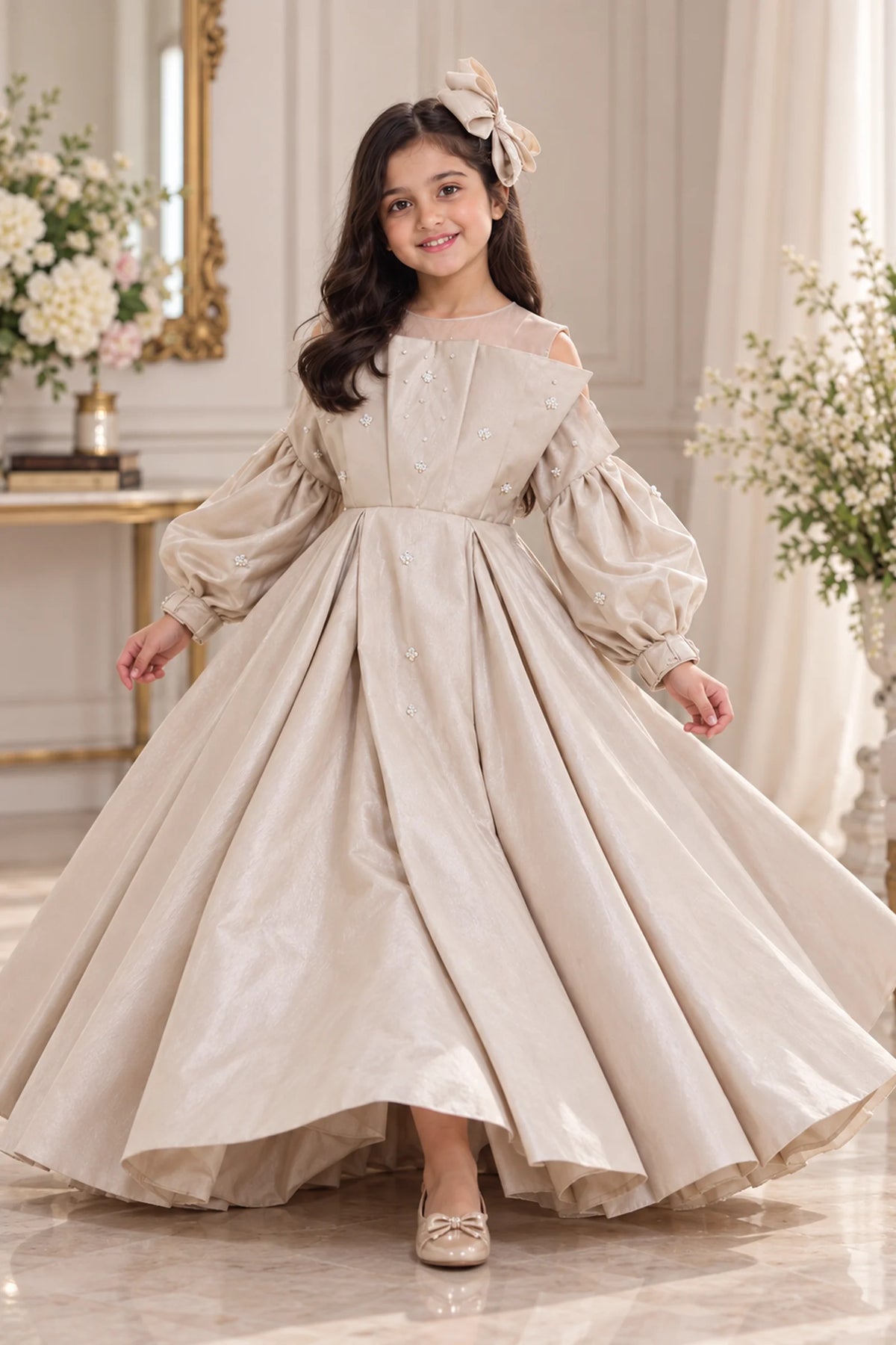 Customized Pearl Ivory Embellished Matching Long Maxi