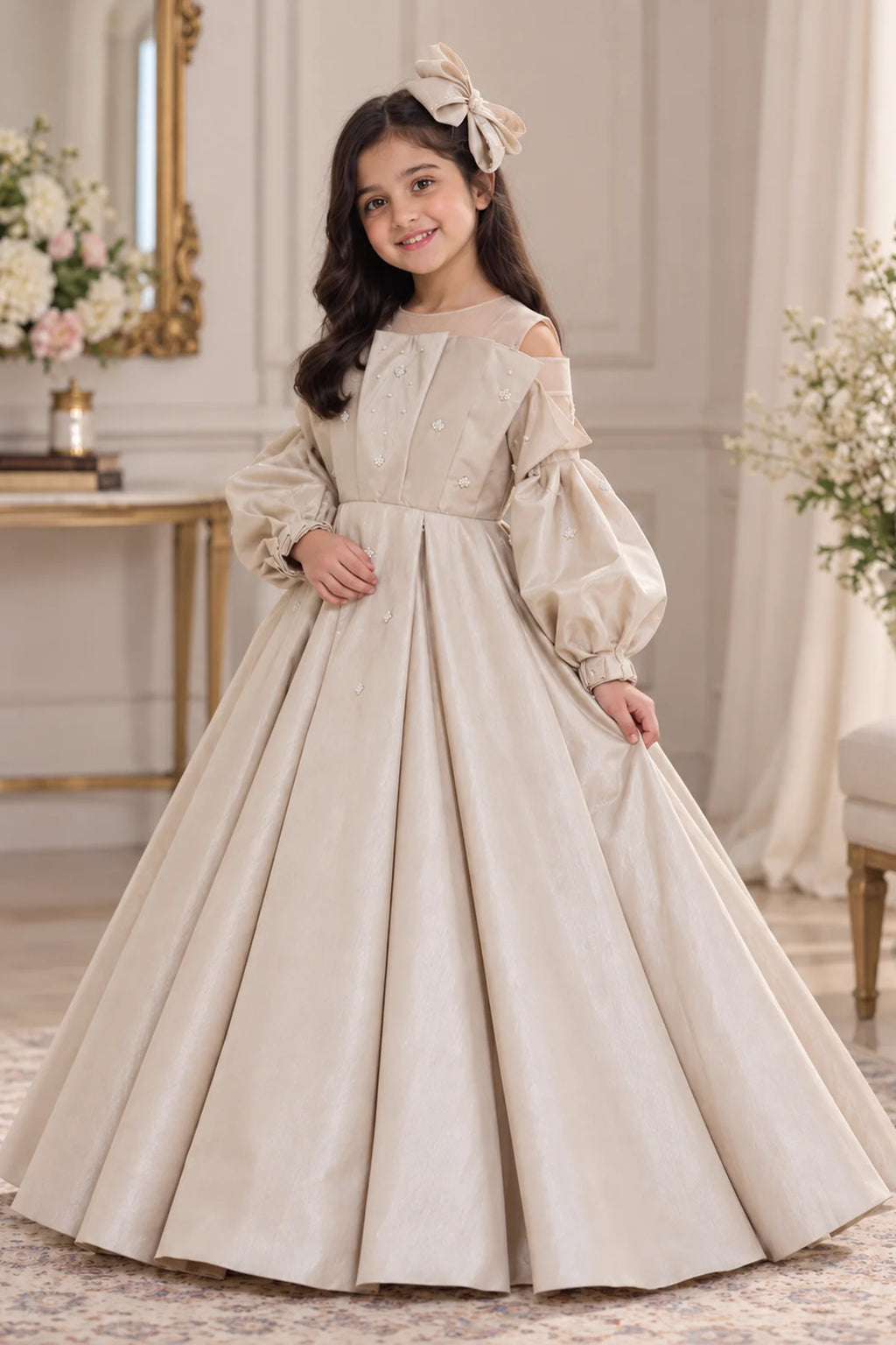 Customized Pearl Ivory Embellished Matching Long Maxi