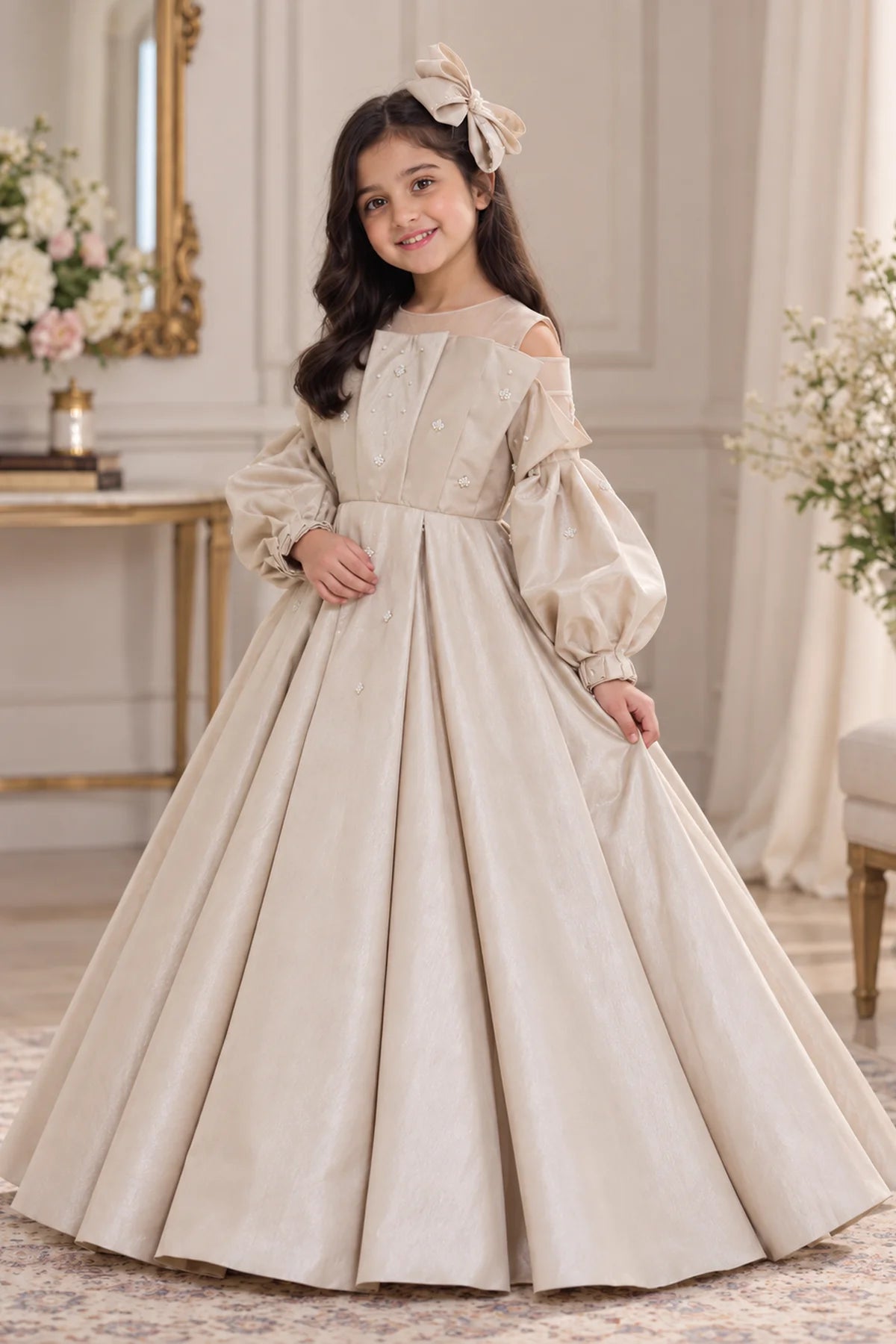 Customized Pearl Ivory Embellished Matching Long Maxi