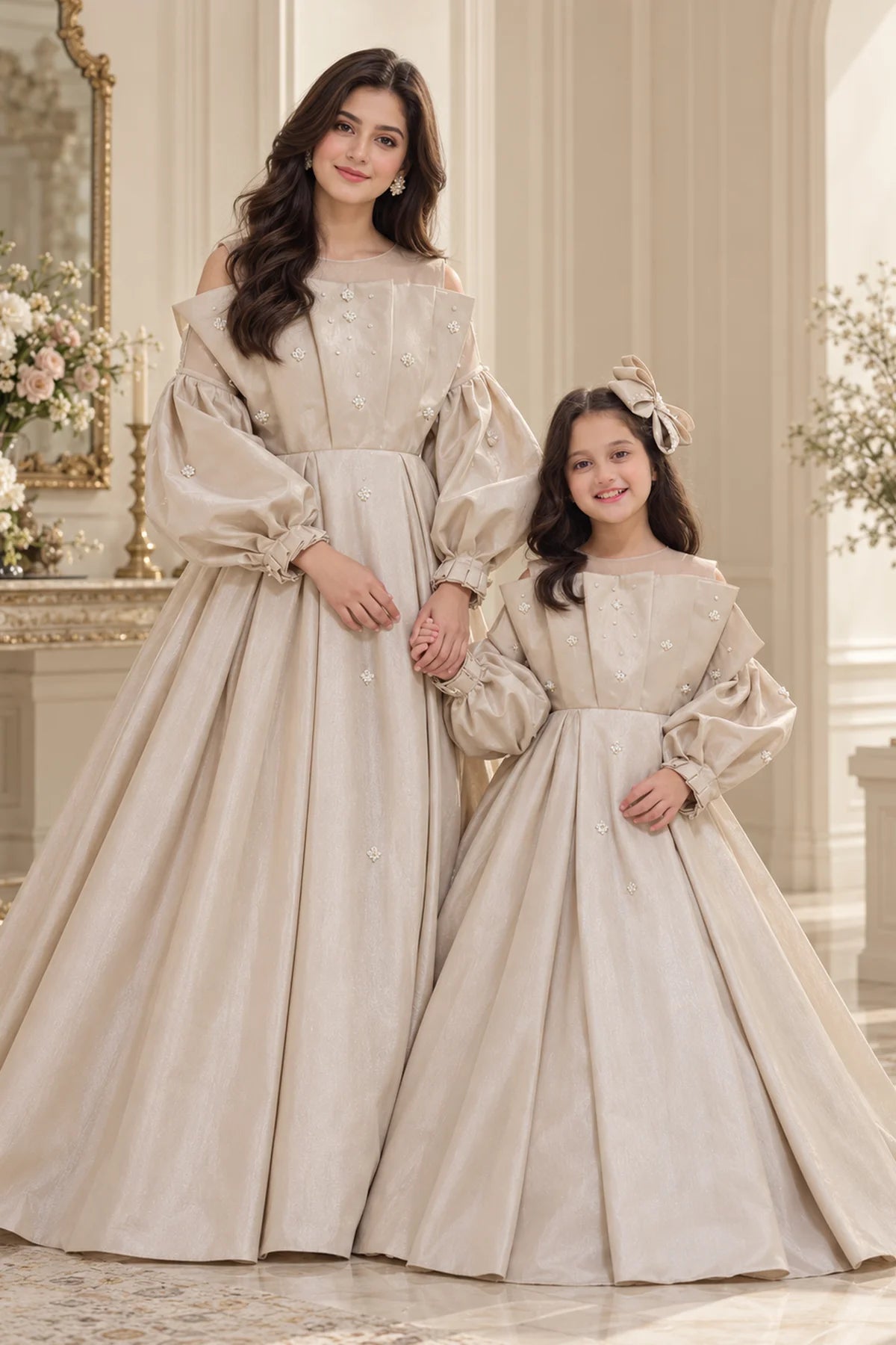 Customized Pearl Ivory Embellished Matching Long Maxi